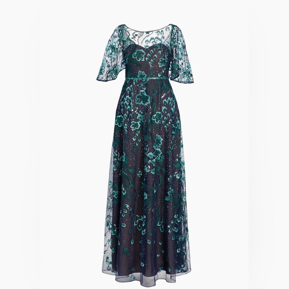 Marchesa Notte Embellished Illusion Cape-Sleeve Gown NWT